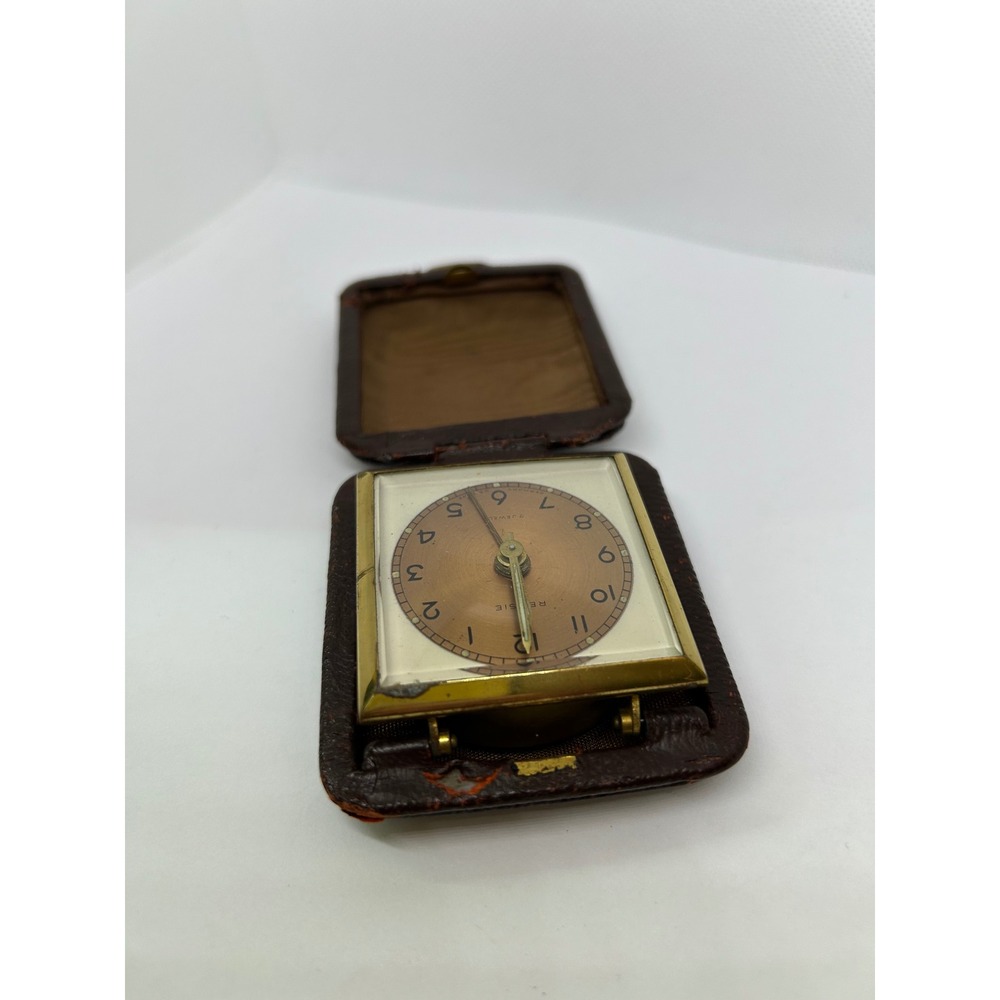 Vintage Rensie Travel Alarm Clock 7 Jewels Leather Case US Zone Germany Brass - Picture 5 of 8